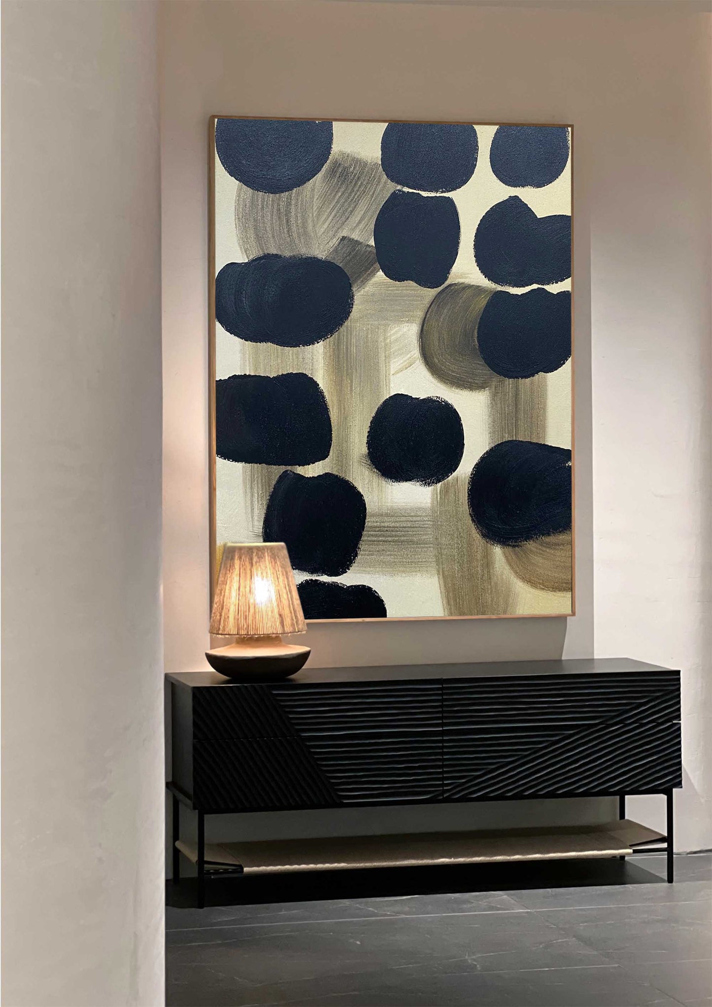 Contemporary Black and Beige Geometric Abstract Oil Painting for Modern Decor