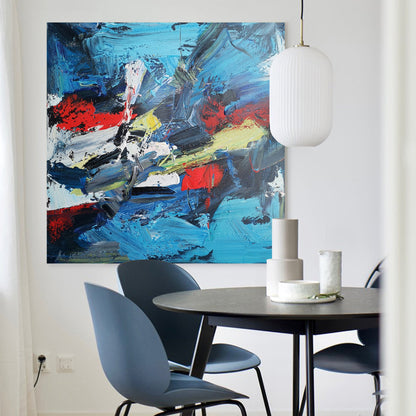 Vibrant Blue and Red Abstract Oil Painting for Modern Home Decor