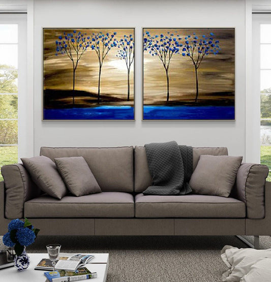 Vibrant Blue Oasis: Stunning Oil Painting of Trees and Water Landscape