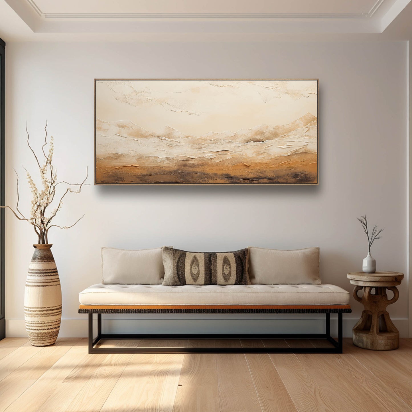 Serene Abstract Oil Painting of Mountain Landscape with Warm Earth Tones