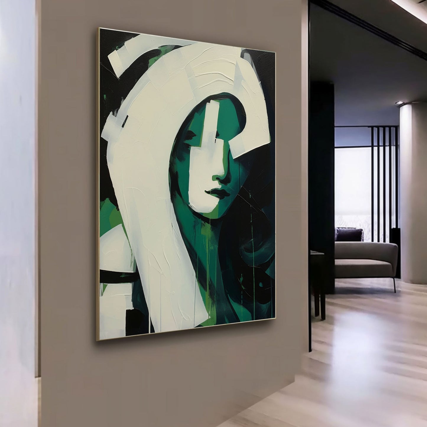 Modern Abstract Oil Painting of a Green-Hued Face in Minimalist Style