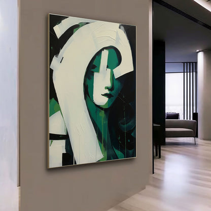 Modern Abstract Oil Painting of a Green-Hued Face in Minimalist Style