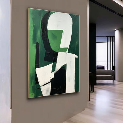 Modern Abstract Oil Painting in Green and White for Minimalist Decor