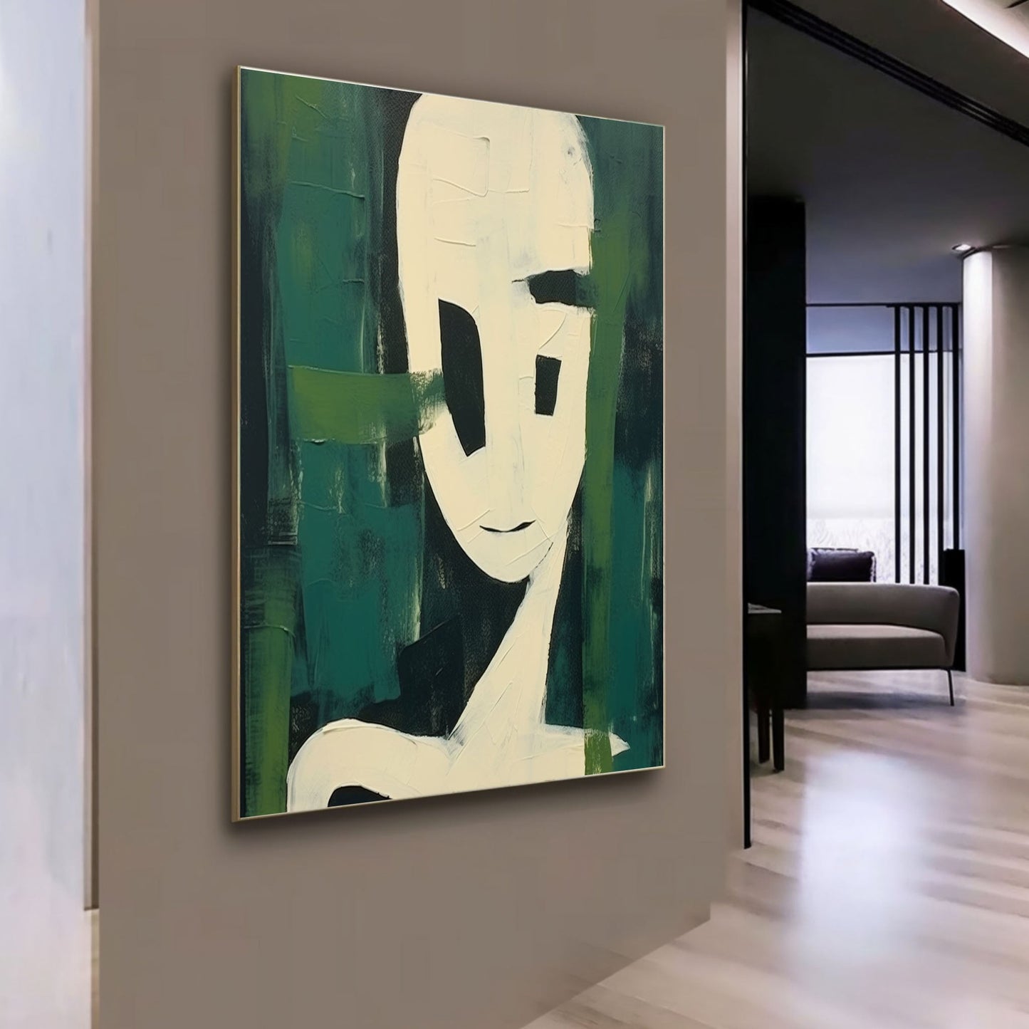 Abstract Minimalist Portrait with Green Accents - Contemporary Oil Painting Decor