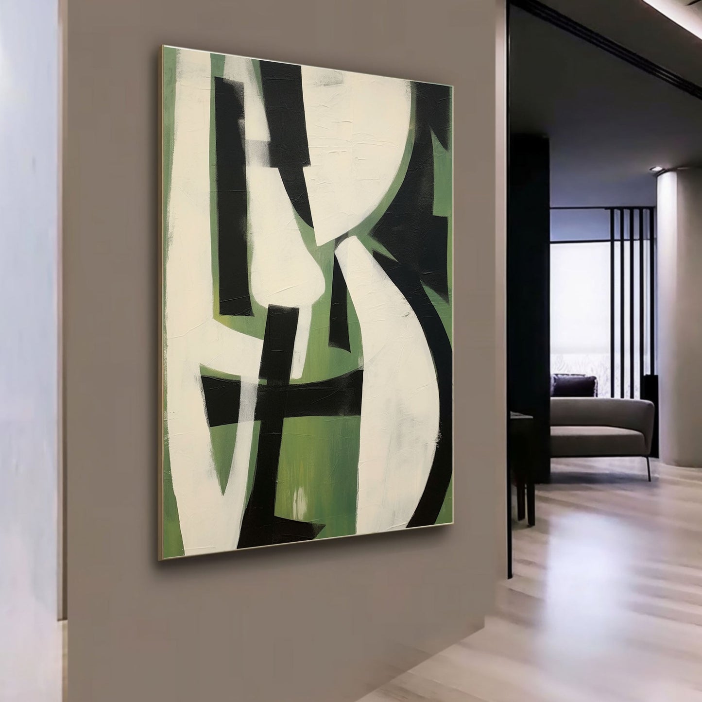 Abstract Green and Black Minimalist Oil Painting for Modern Home Decor