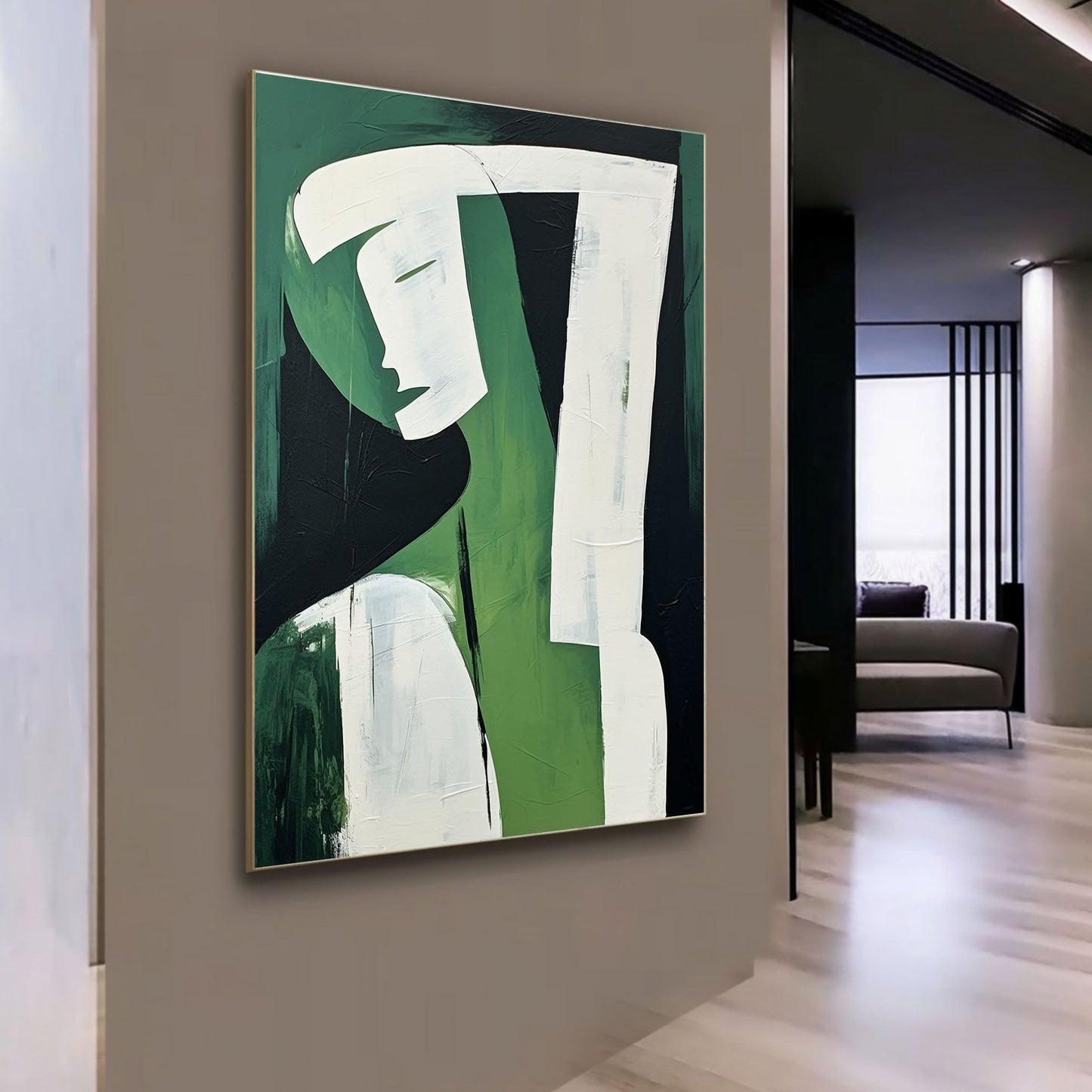 Abstract Green Figure Oil Painting - Modern Minimalist Wall Art for Contemporary Decor