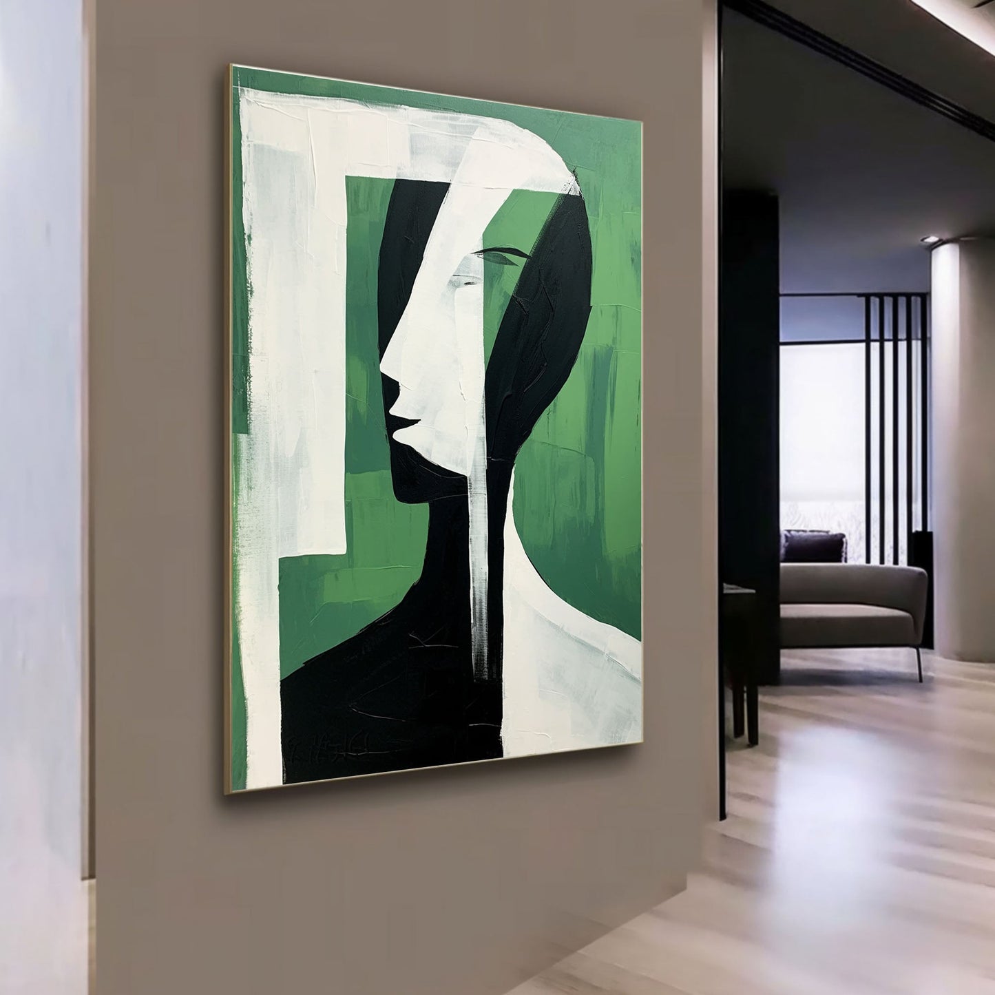 Abstract Green Face Oil Painting - Modern Minimalist Wall Art for Contemporary Spaces