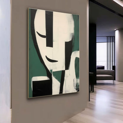 Abstract Minimalist Portrait in Green and Black - Modern Oil Painting for Home Decor