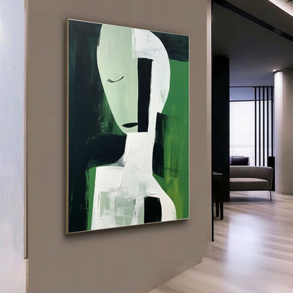 Elegant Minimalist Abstract Oil Painting in Green and Black Tones