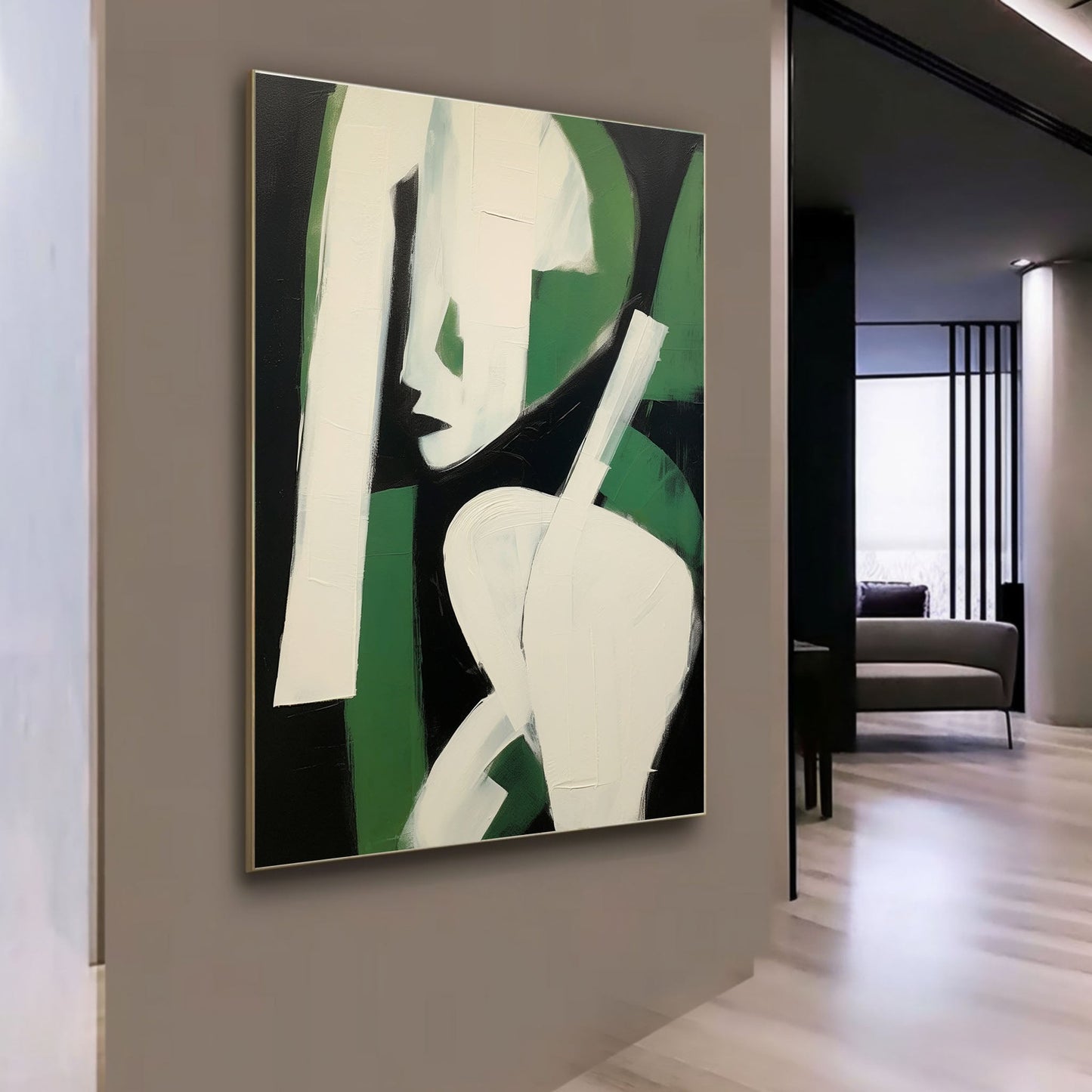 Abstract Green and White Figure – Modern Minimalist Oil Painting for Contemporary Home Decor