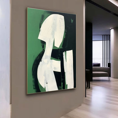 Abstract Green and White Minimalist Oil Painting for Modern Decor