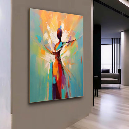 Vibrant Abstract Oil Painting of a Dancing Figure in Colorful Swirls