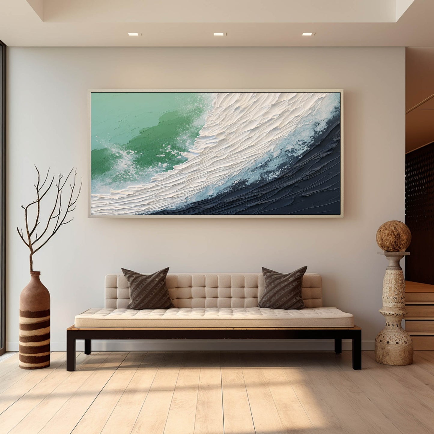 Textured Ocean Wave Oil Painting with Dynamic Plaster Art Finish
