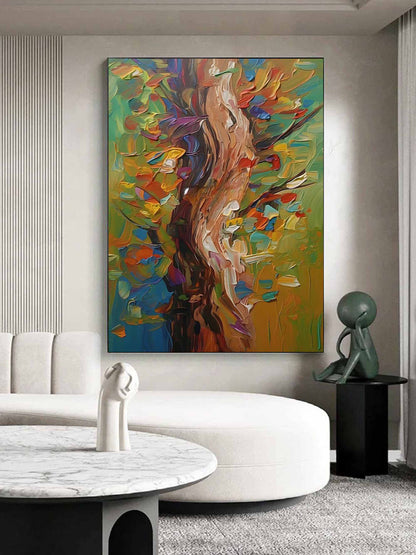 Vibrant Abstract Tree Oil Painting with Colorful Leaves and Textured Brushstrokes