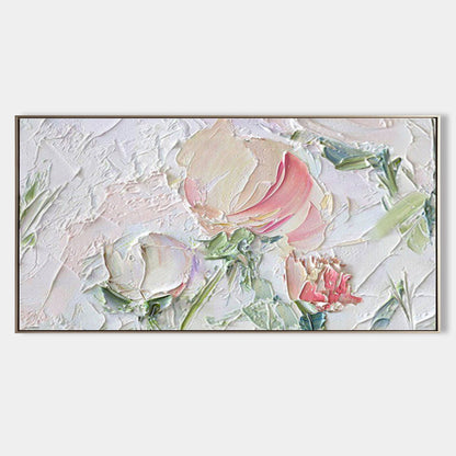 Textured Floral Oil Painting with Rose and Green Accents for Home Decor