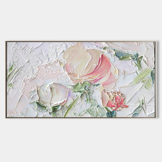 Textured Floral Oil Painting with Rose and Green Accents for Home Decor