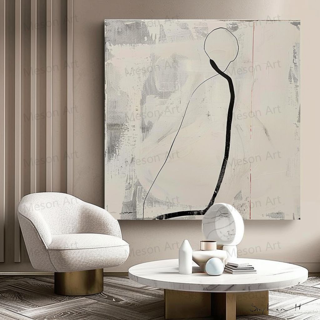 Abstract Minimalist Oil Painting with Striking Line Art and Neutral Tones