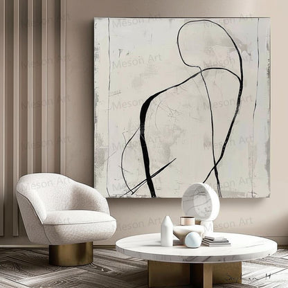 Abstract Minimalist Oil Painting with Dynamic Lines and Neutral Tones