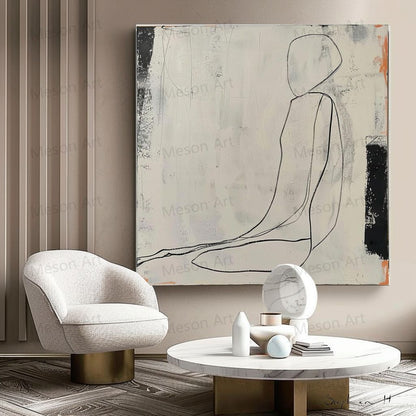 Elegant Minimalist Oil Painting of a Contemplative Figure in Neutral Tones