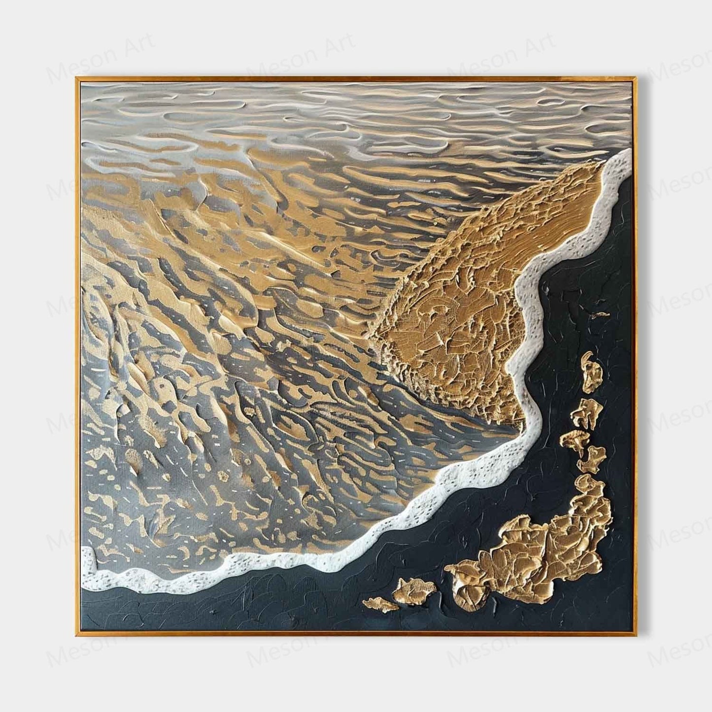 Textured Abstract Oil Painting of Waves and Shoreline in Gold and Black Tones