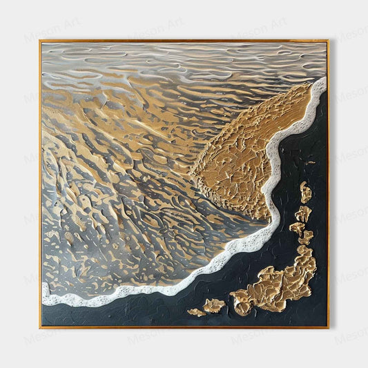 Textured Abstract Oil Painting of Waves and Shoreline in Gold and Black Tones