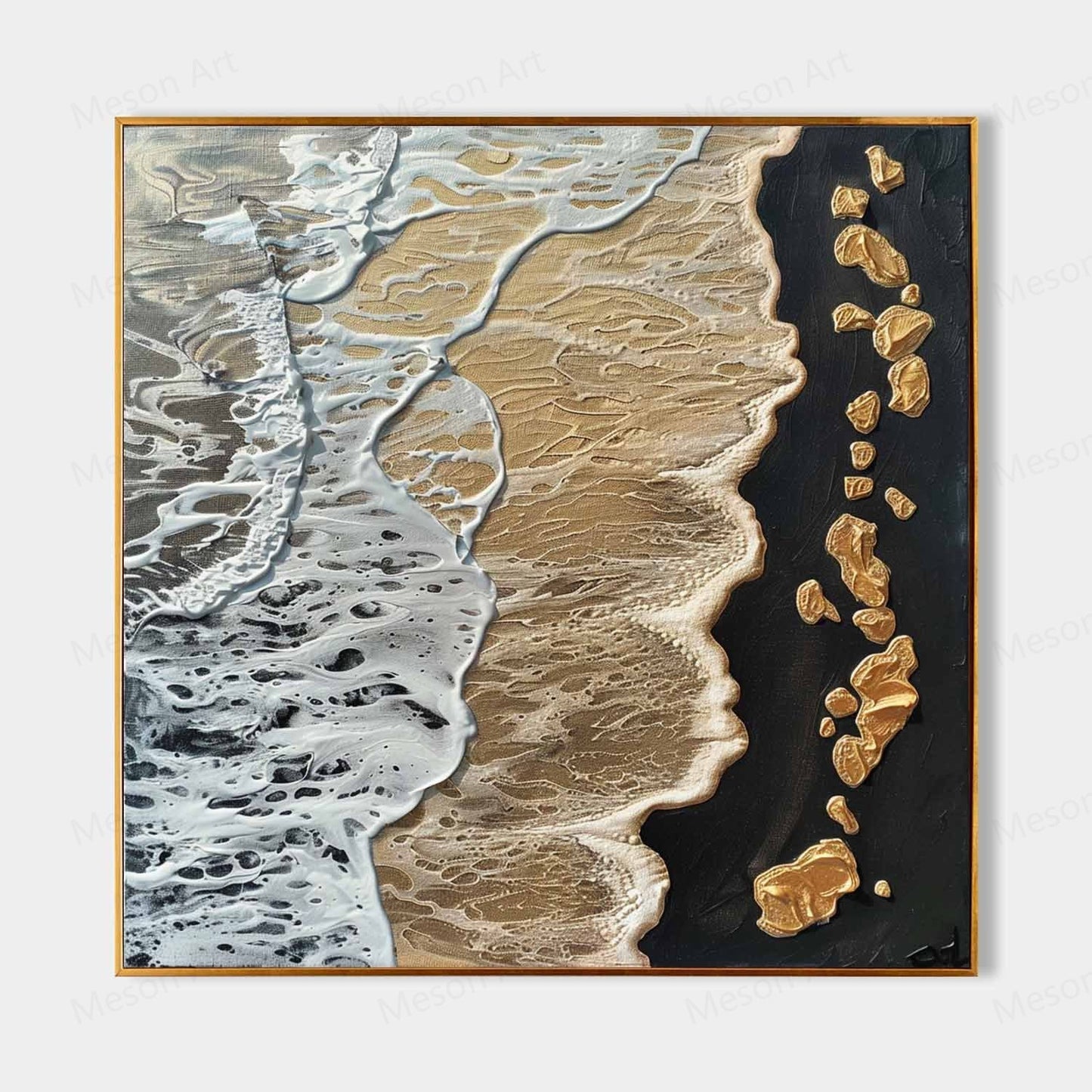 Textured Coastal Waves Oil Painting with Golden Accents for Modern Decor