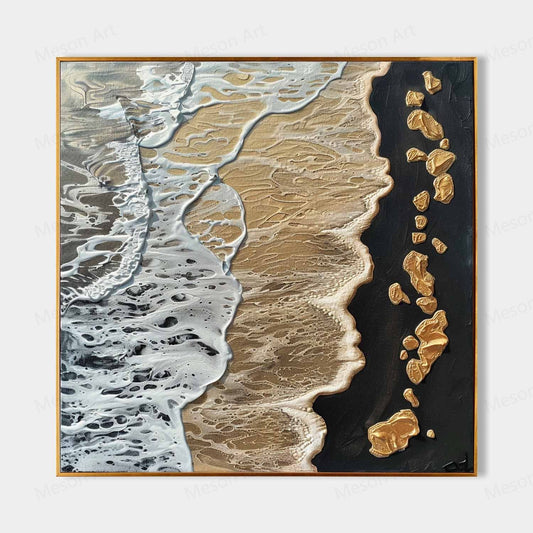 Textured Coastal Waves Oil Painting with Golden Accents for Modern Decor