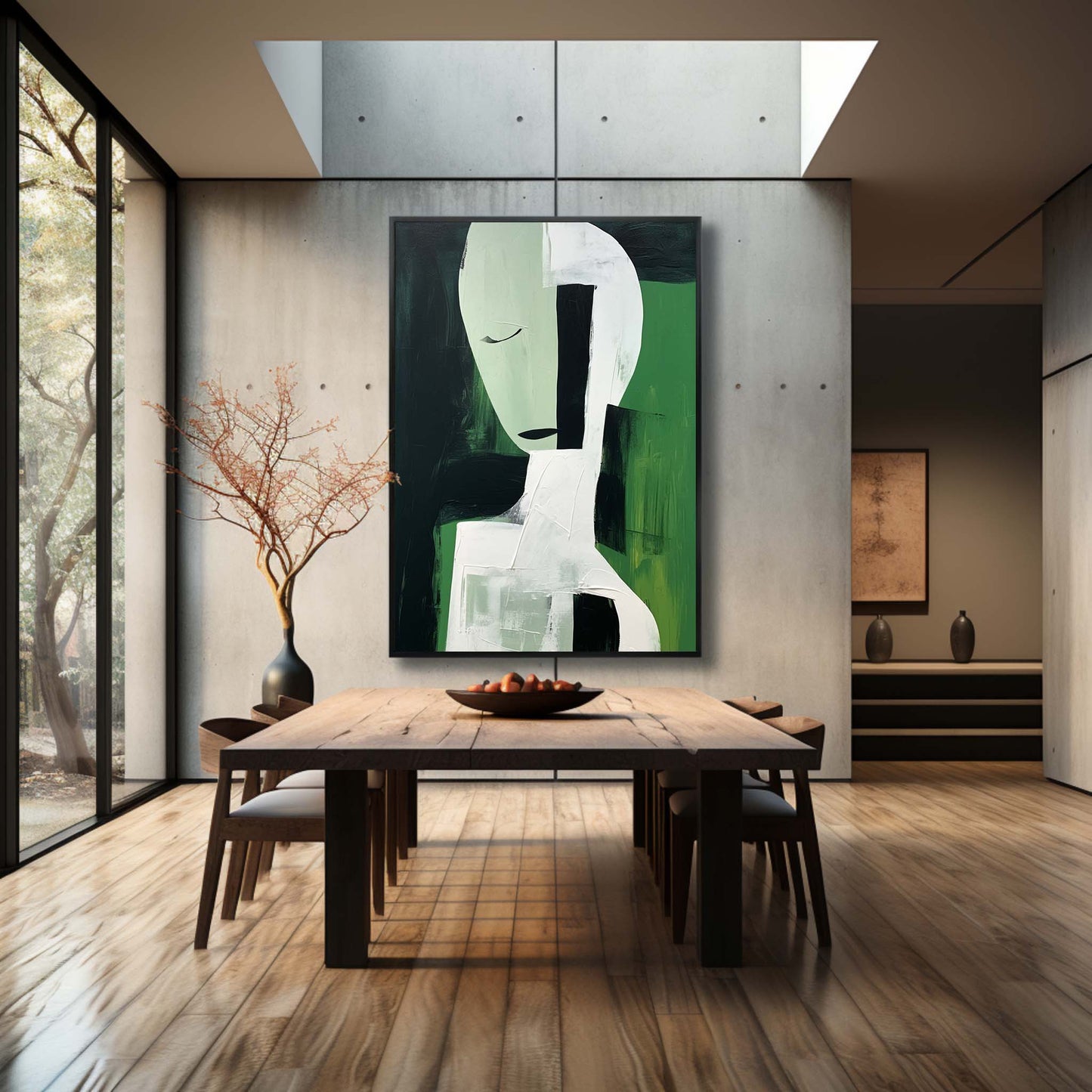 Elegant Minimalist Abstract Oil Painting in Green and Black Tones