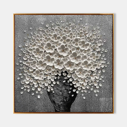 Elegant White Floral Bouquet in Black Vase - Textured Oil Painting for Home Decor