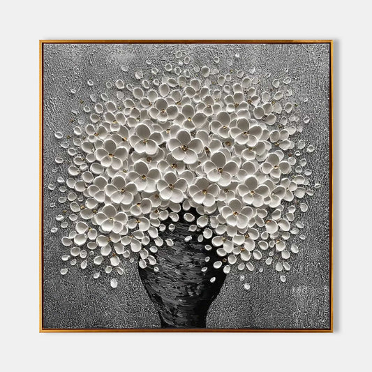 Elegant White Floral Bouquet in Black Vase - Textured Oil Painting for Home Decor