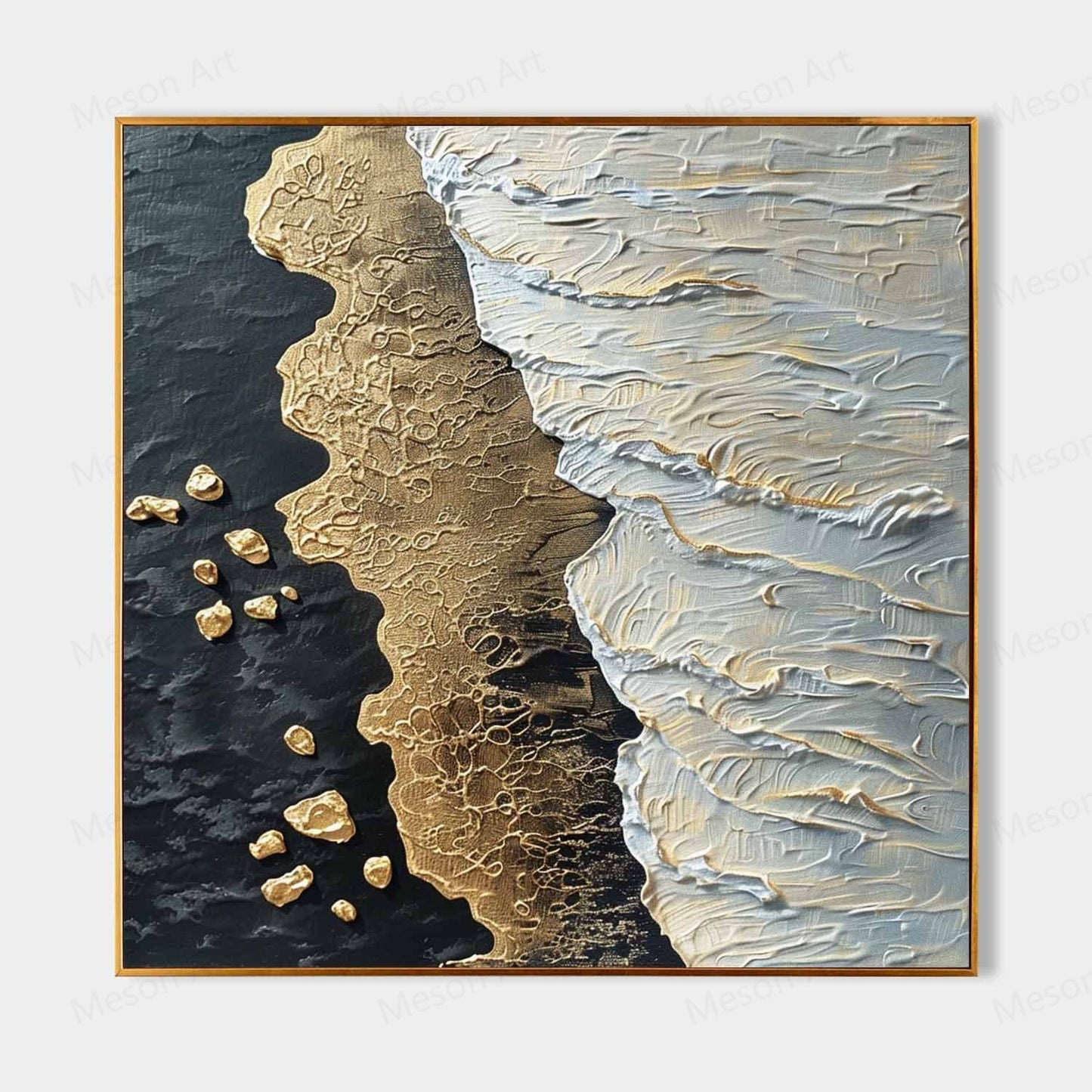 Textured Coastal Abstract Oil Painting with Gold and White Accents