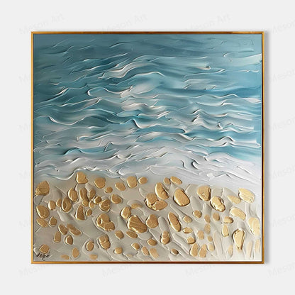 Coastal Serenity Textured Oil Painting with Waves and Golden Sand Accents