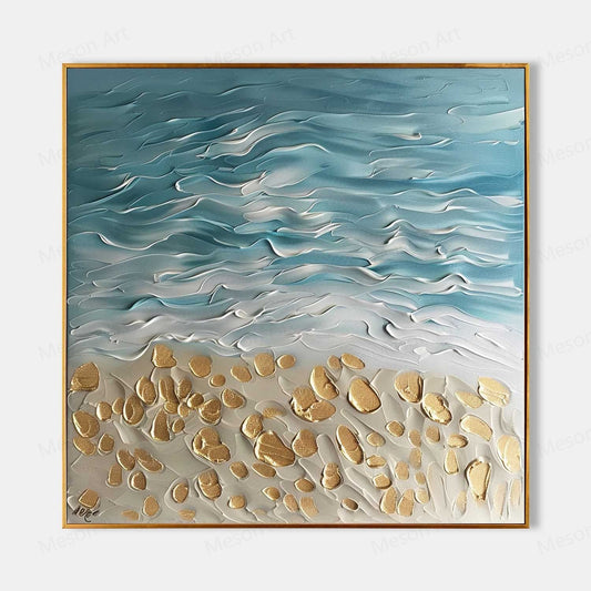 Coastal Serenity Textured Oil Painting with Waves and Golden Sand Accents