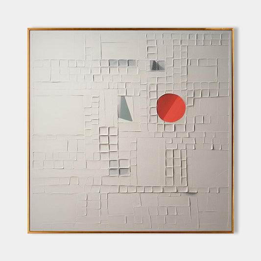 Abstract Textured Oil Painting with Bold Red Circle and Geometric Elements