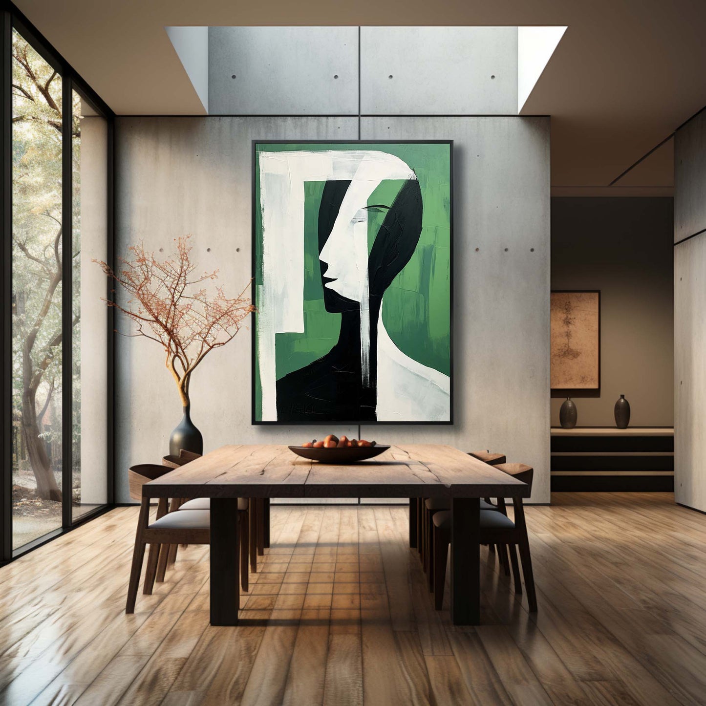 Abstract Green Face Oil Painting - Modern Minimalist Wall Art for Contemporary Spaces