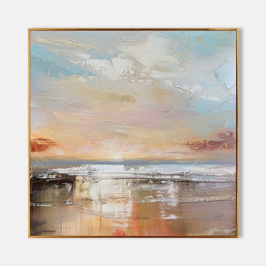 Serene Coastal Landscape Oil Painting with Soft Pastel Hues for Home Decor