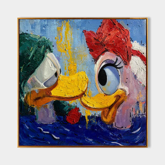 Whimsical Lovebirds: Vibrant Oil Painting of Ducks in Colorful Abstract Style