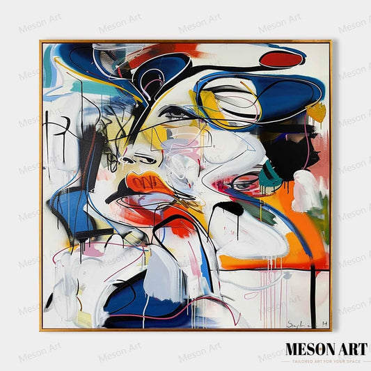 Vibrant Abstract Expressionism: Colorful Graffiti-Inspired Oil Painting for Modern Decor