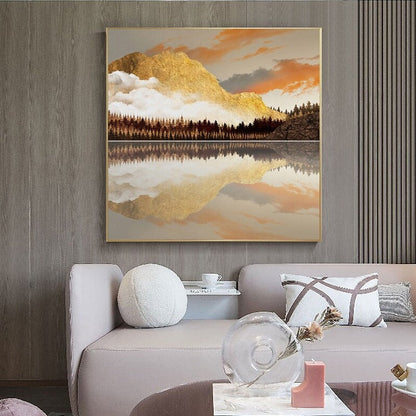 Serene Mountain Reflection Oil Painting in Warm Sunset Hues