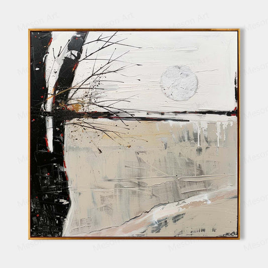 Serene Abstract Landscape Oil Painting with Moonlit Reflection and Minimalist Style