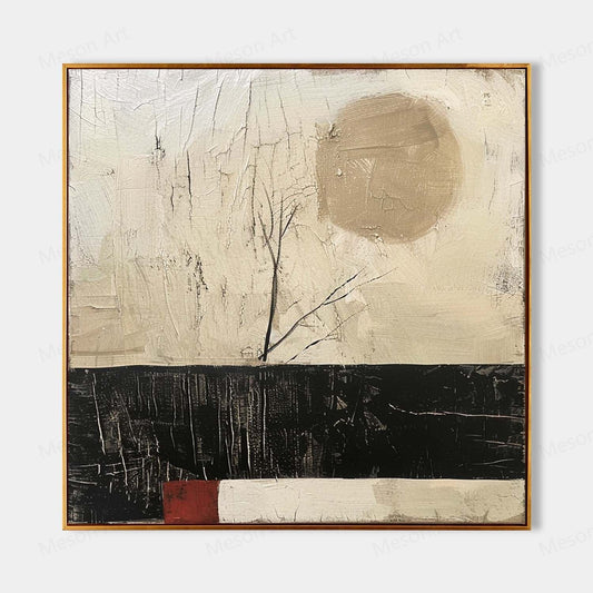 Serene Abstract Oil Painting with Minimalist Landscape and Earthy Tones Decor