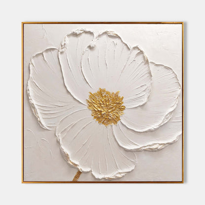 Elegant White Flower Oil Painting with Golden Details for Modern Decor