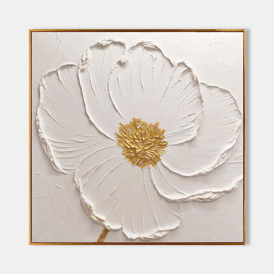 Elegant White Flower Oil Painting with Golden Details for Modern Decor