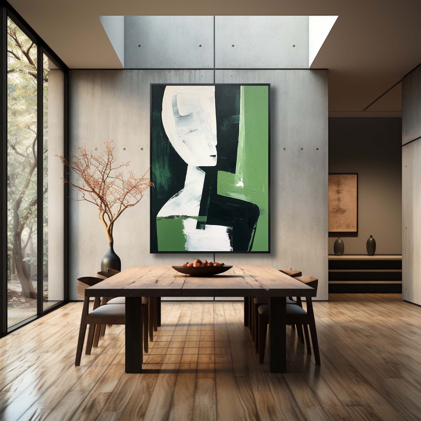 Abstract Green and White Portrait Oil Painting for Modern Home D√©cor