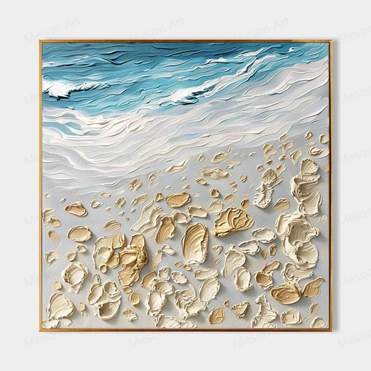 Textured Coastal Scene Oil Painting with Beach and Waves