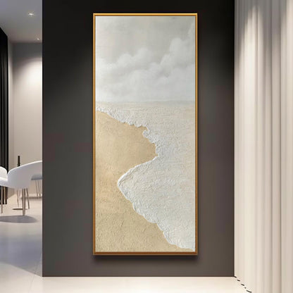 Textured Coastal Landscape Oil Painting with Beach and Cloudy Sky