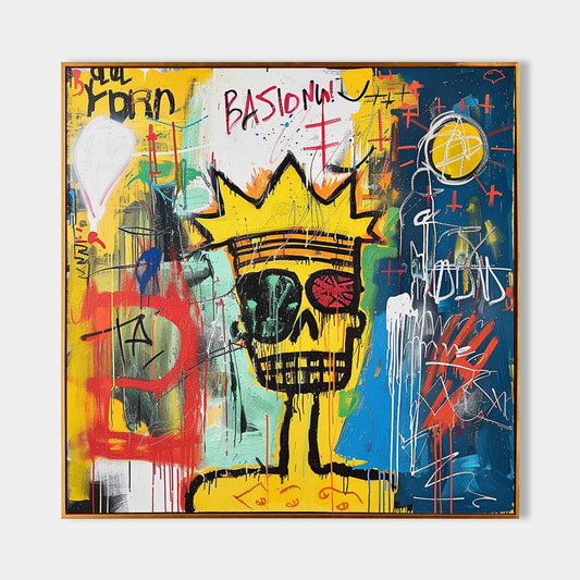 Vibrant Abstract Graffiti Painting with Skull and Crown Motif Perfect for Modern Decor