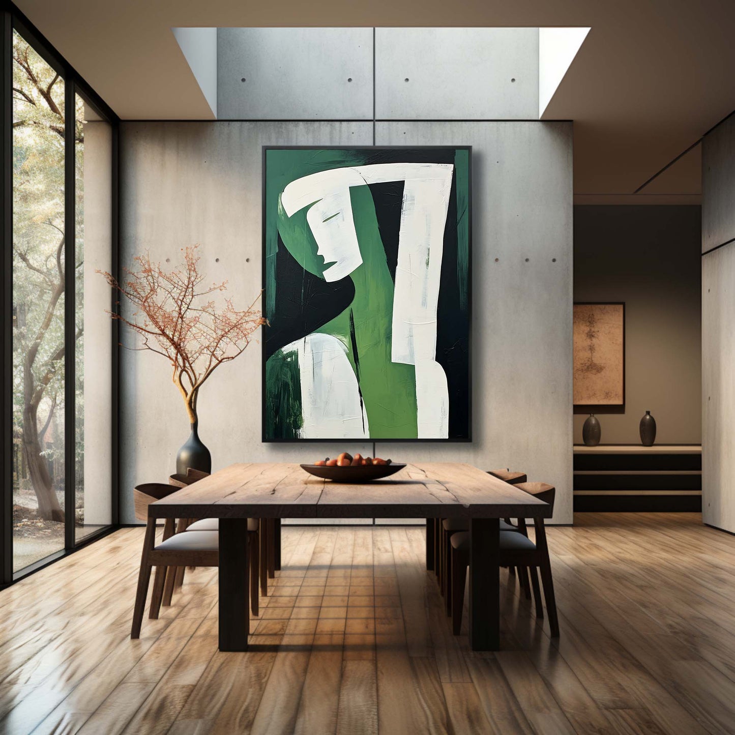 Abstract Green Figure Oil Painting - Modern Minimalist Wall Art for Contemporary Decor