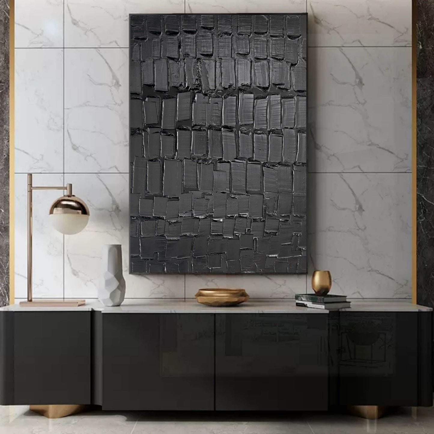 Abstract Black Textured Oil Painting for Modern Home Decor