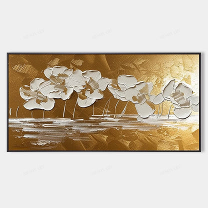 Elegant White Flower Oil Painting with Gold Background for Home Decor
